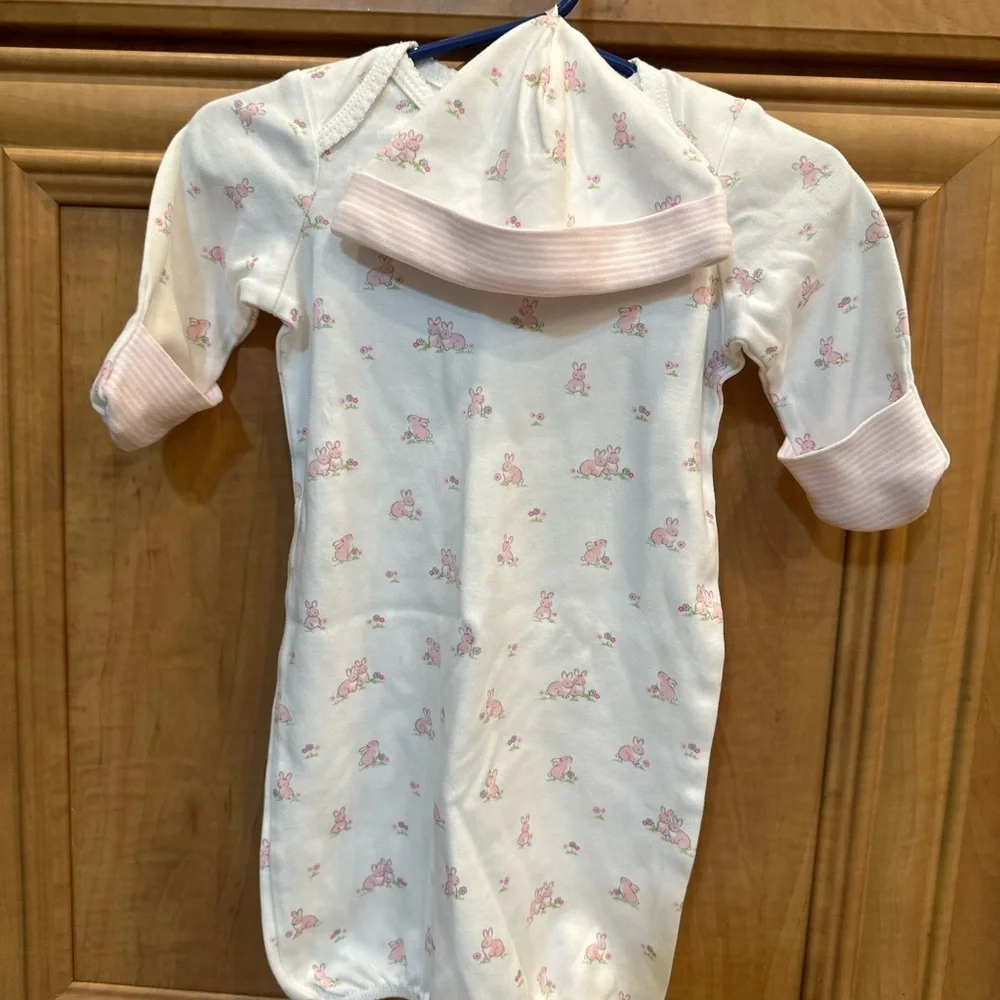 New Little Me Baby Girl 0-3 Months Bunny Sleeper Gown & Hat Matching Outfit